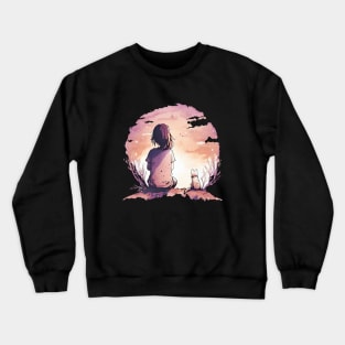 Girl and a cat watching the sky Crewneck Sweatshirt